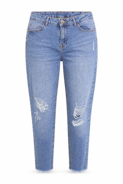 Front view of FB Sister women’s blue cropped jeans, size UK 30, in, 26-inch leg
