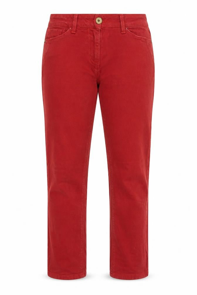 Front view of River islad women’s red straight jeans, size UK 10, 25-inch leg