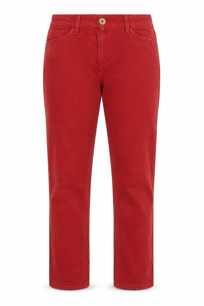 Front view of River islad women’s red straight jeans, size UK 10, 25-inch leg