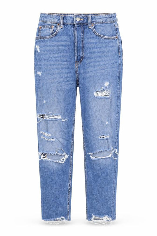 Front view of H&M women’s blue tapered jeans, size UK 8, 25-inch leg