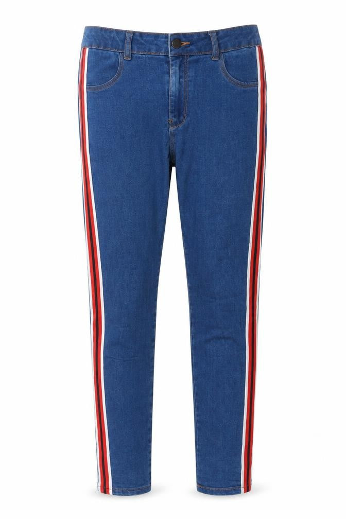 Front view of Be Cool women’s blue striped skinny jeans, size UK 8, 28-inch leg