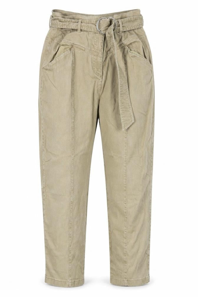 Front view of H&M women’s beige tapered jeans, size UK 12, 25-inch leg