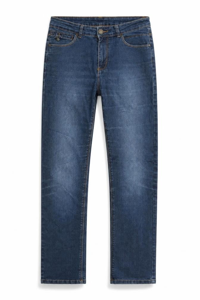 Front view of elle nor women’s blue straight jeans, size UK 28, in, 30-inch leg