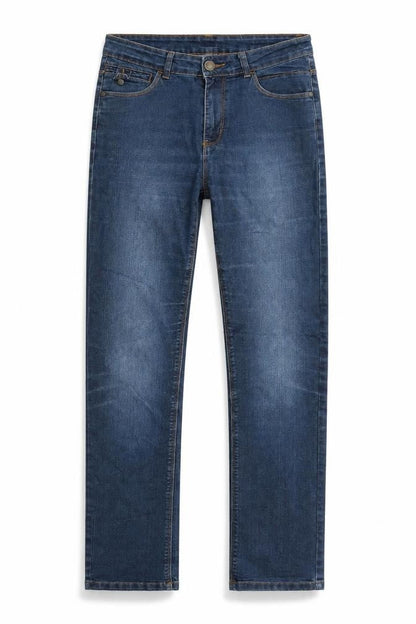 Front view of elle nor women’s blue straight jeans, size UK 28, in, 30-inch leg
