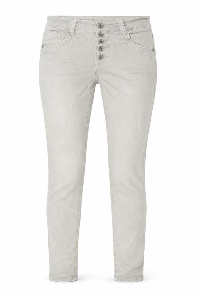 Front view of women’s beige skinny jeans, size XS, 27-inch leg