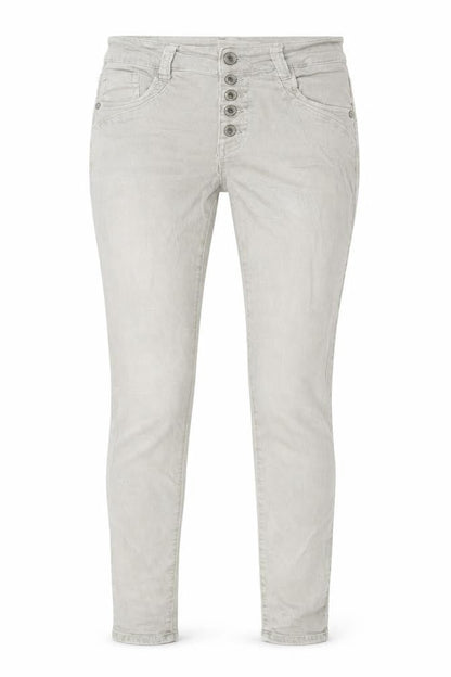 Front view of women’s beige skinny jeans, size XS, 27-inch leg