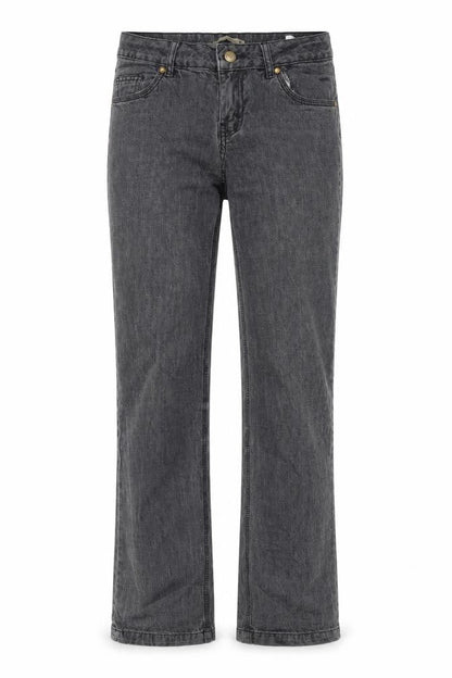 Front view of calliope women’s grey straight jeans, size M, 32-inch leg