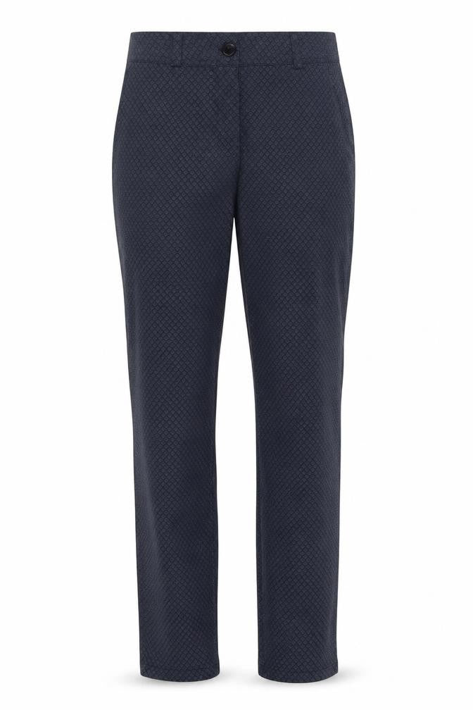 Front view of Preworn women’s blue trousers, size M, 26-inch leg
