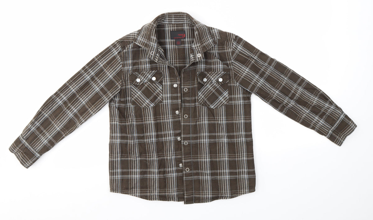 Front view of Next boys’ brown check basic button-up, size 8, years