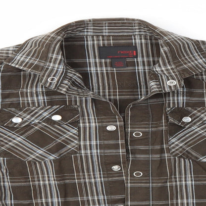 Close-up detail of Next boys’ brown check basic button-up, size 8, years