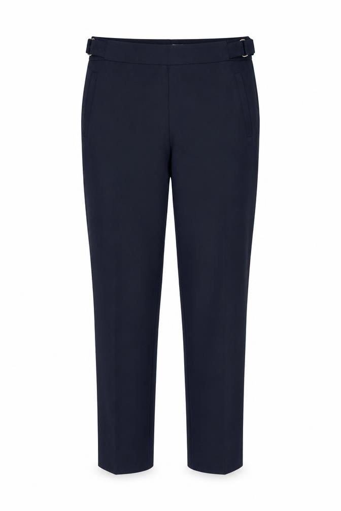 Front view of H&M women’s blue trousers, size UK 10, 27-inch leg