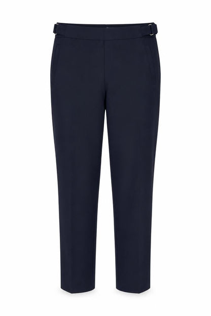 Front view of H&M women’s blue trousers, size UK 10, 27-inch leg