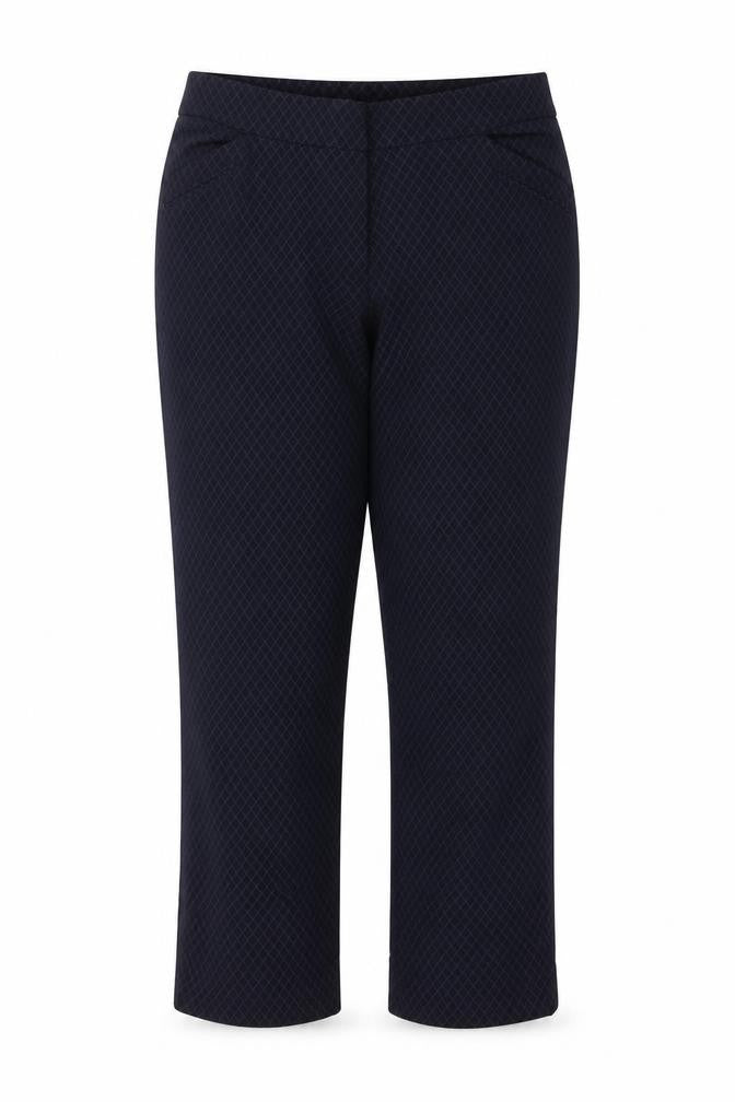 Front view of Reitmans women’s blue argyle/diamond trousers, size UK 18, 26-inch leg