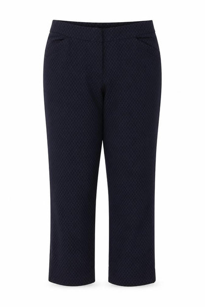 Front view of Reitmans women’s blue argyle/diamond trousers, size UK 18, 26-inch leg