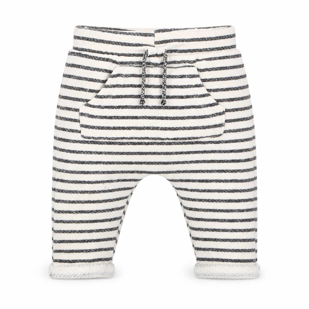 Front view of Primark boys’ white striped capri trousers, size 6-9, months