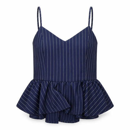 Front view of New Look women’s blue striped cropped t-shirt, size UK 12