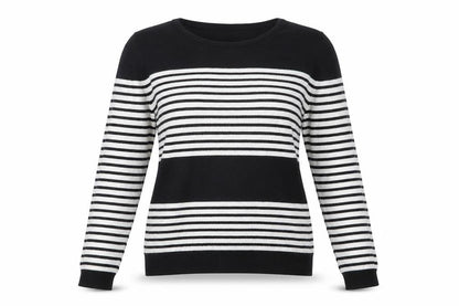 Front view of Great Plains women’s black striped knit jumper, size M