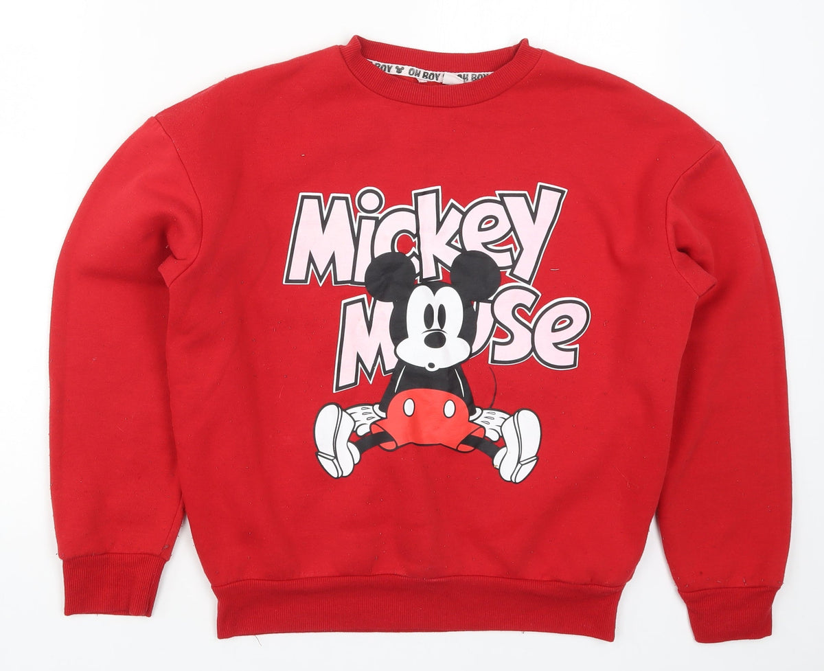 Front view of Primark women’s red pullover sweatshirt, size UK 6, - mickey mouse
