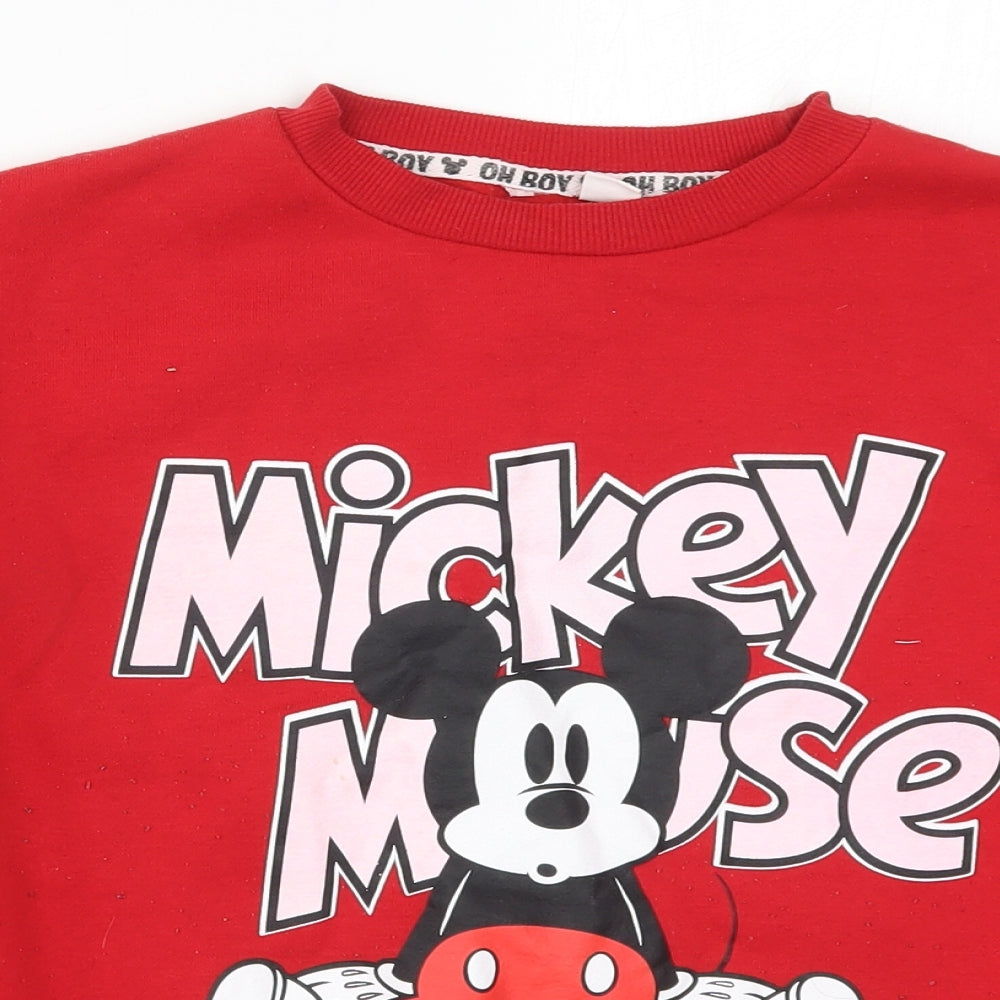 Close-up detail of Primark women’s red pullover sweatshirt, size UK 6, - mickey mouse