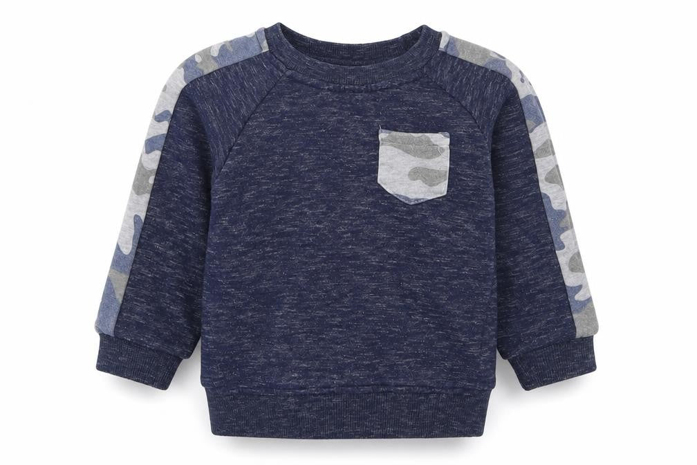 Front view of Primark boys’ blue camouflage pullover sweatshirt, size 2-3, years