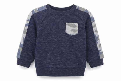 Front view of Primark boys’ blue camouflage pullover sweatshirt, size 2-3, years