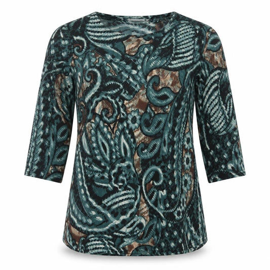 Front view of Anamor women’s blue geometric basic t-shirt, size S