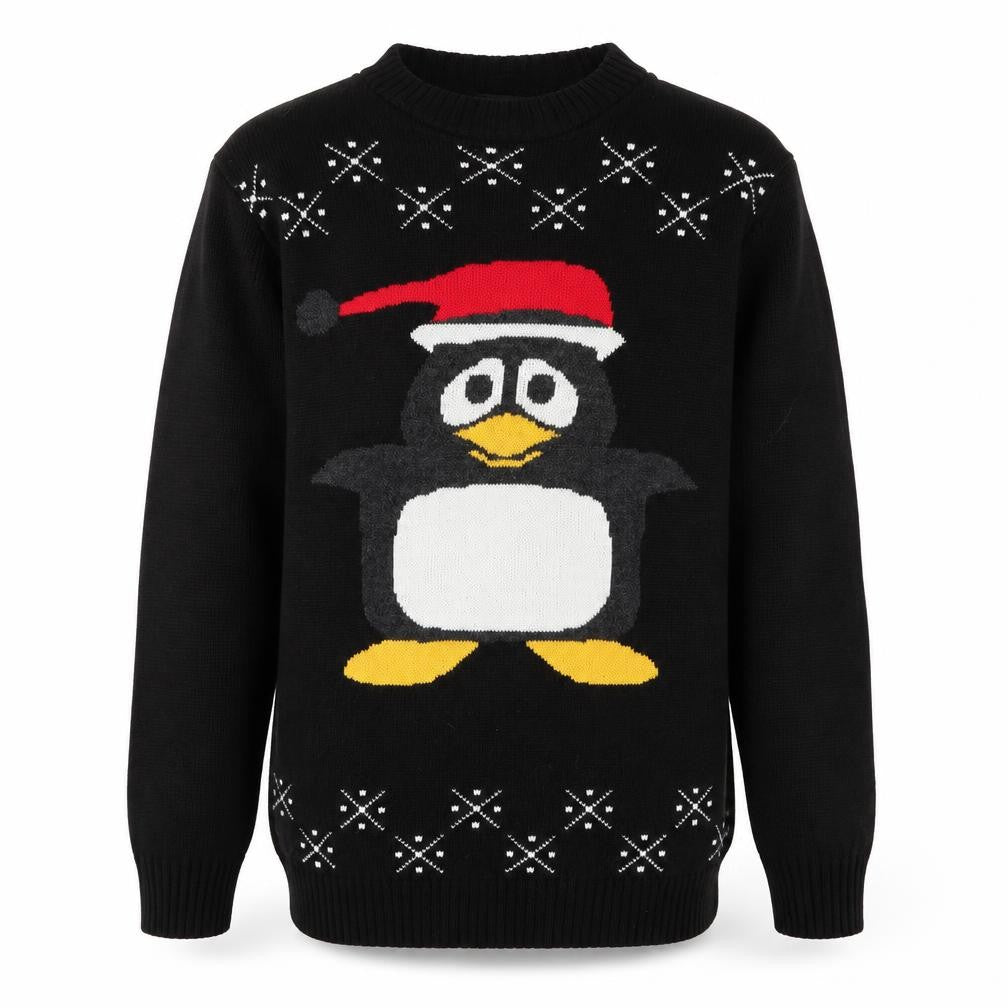 Front view of Sui Collection men’s black knit jumper, size S, - christmas penguin