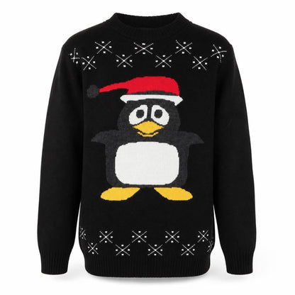 Front view of Sui Collection men’s black knit jumper, size S, - christmas penguin