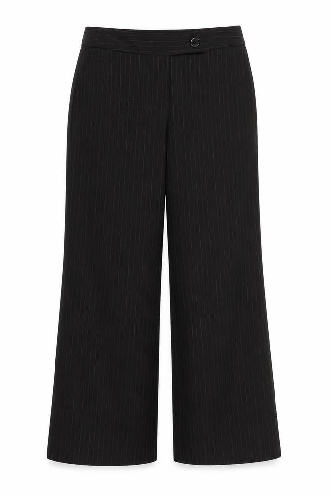 Front view of evie women’s black striped trousers, size UK 12, 27-inch leg