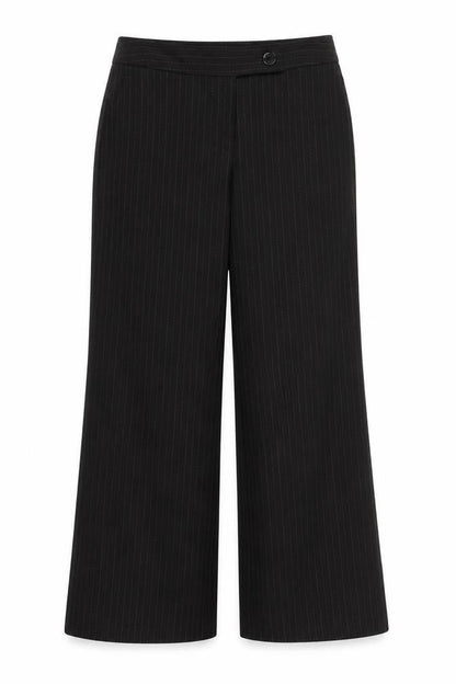 Front view of evie women’s black striped trousers, size UK 12, 27-inch leg