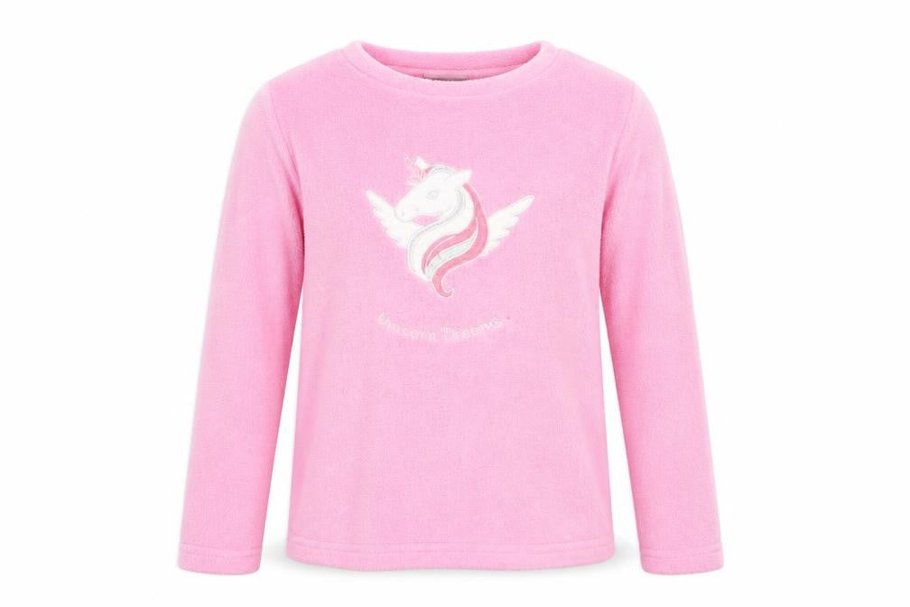 Front view of i believe in unicorns women’s pink geometric top pyjama top, size UK 8
