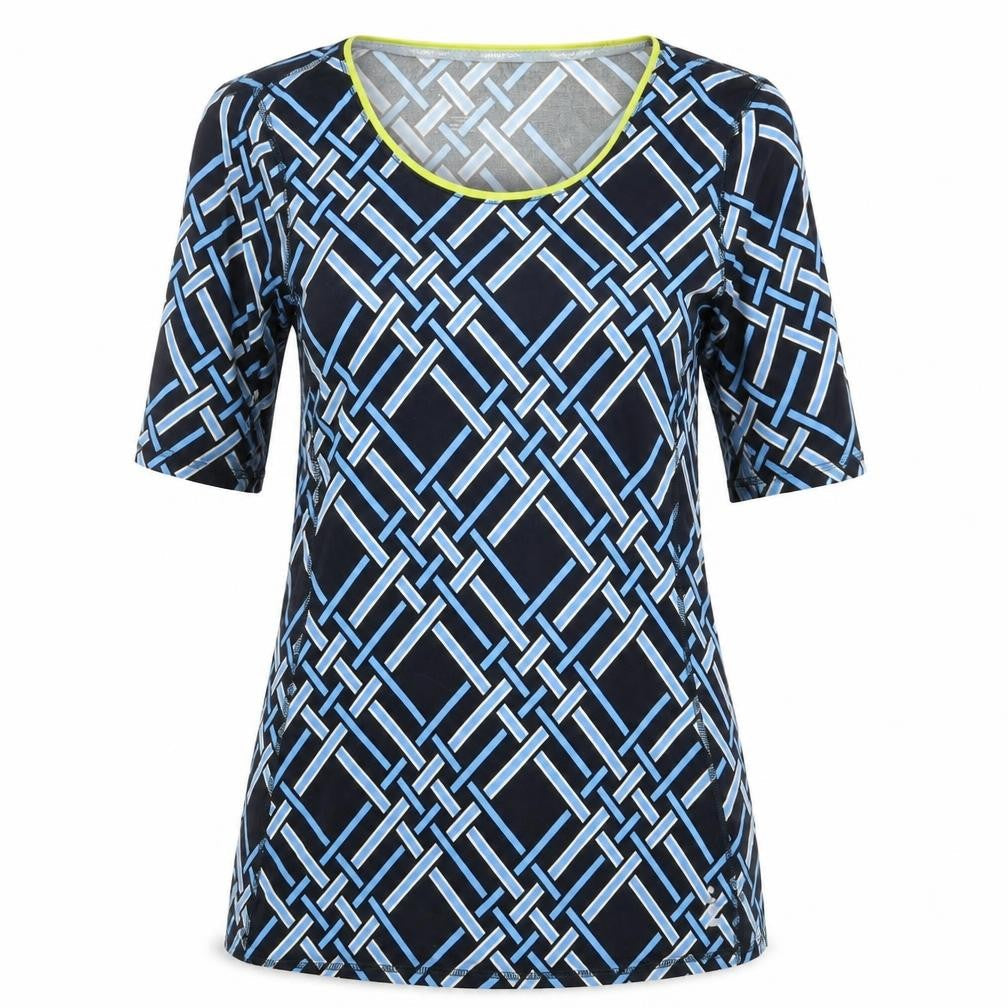 Front view of Land's End women’s blue geometric basic t-shirt, size UK 8