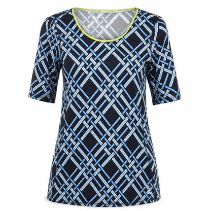 Front view of Land's End women’s blue geometric basic t-shirt, size UK 8
