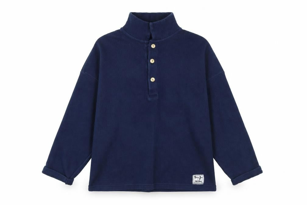 Front view of Preworn men’s blue henley jumper, size S
