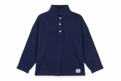 Front view of Preworn men’s blue henley jumper, size S