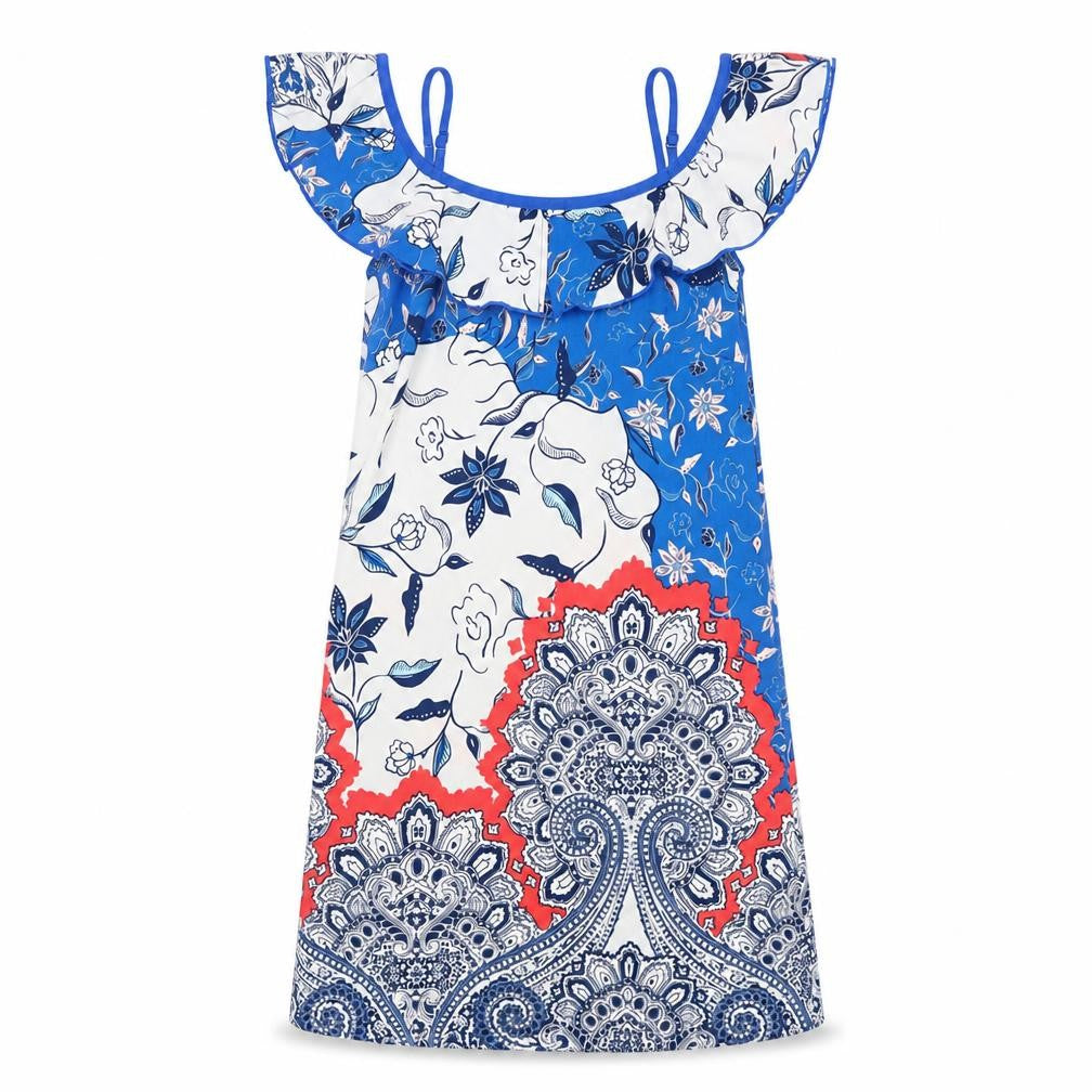 Front view of Little Miss Captain women’s blue floral shift, size S