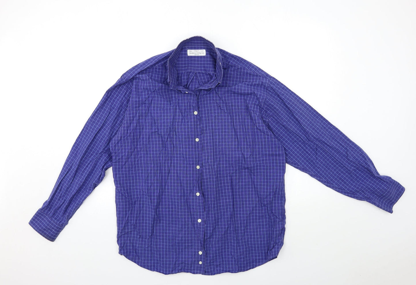 Mens UK Size 15.5 Marks and Spencer Blue  Button-Up Long Sleeve Casual Shirt