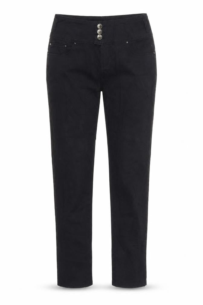 Front view of women’s black denim skinny jeans, size UK 30, in, 27-inch leg