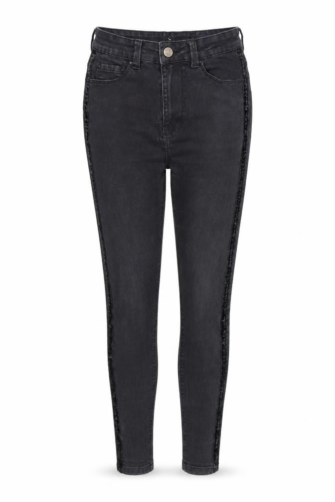 Front view of women’s black denim skinny jeans, size UK 23, in, 27-inch leg