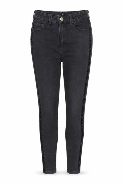 Front view of women’s black denim skinny jeans, size UK 23, in, 27-inch leg