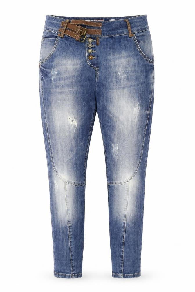 Front view of blue white women’s blue denim mom jeans, size UK 12, 30-inch leg