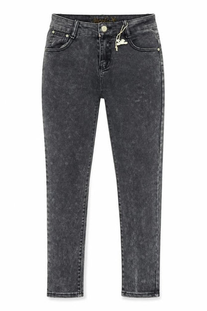 Front view of women’s grey denim skinny jeans, size UK 28, in, 28-inch leg