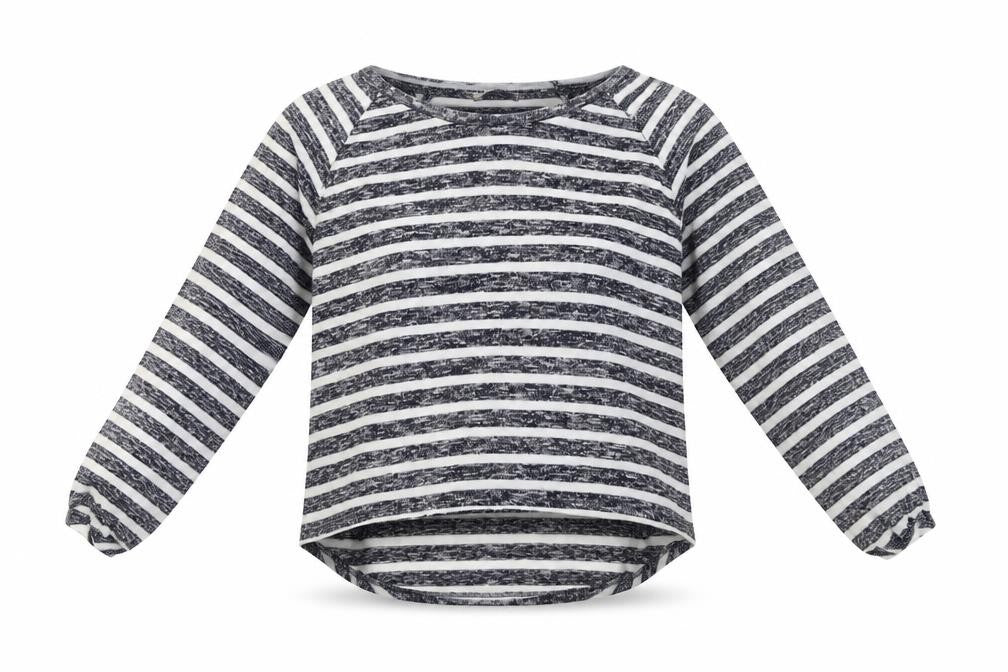 Front view of TU women’s black striped pullover sweatshirt, size UK 8