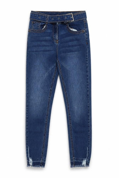 Front view of M&Co girls’ blue denim skinny jeans, size 12, years