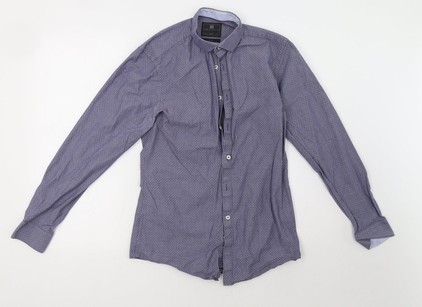 Mens UK Size 14 Marks and Spencer Blue  Button-Up Long Sleeve Casual Shirt