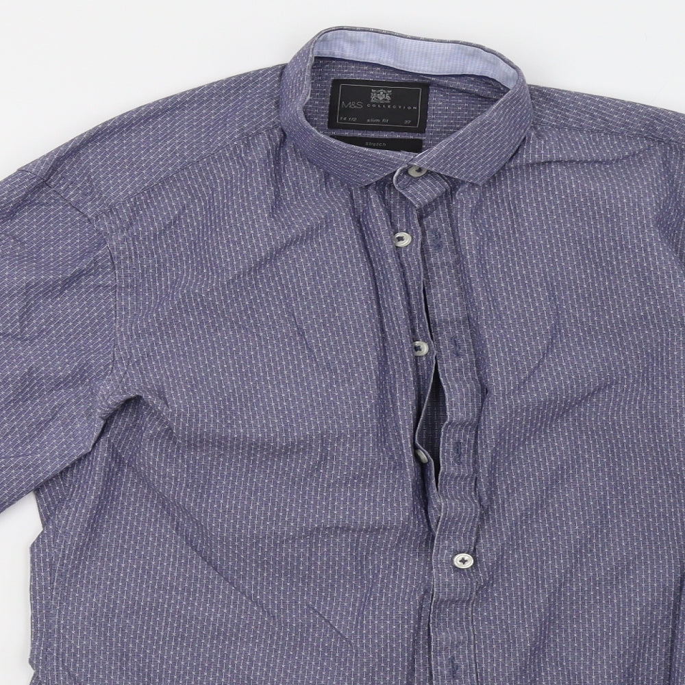 Mens UK Size 14 Marks and Spencer Blue  Button-Up Long Sleeve Casual Shirt