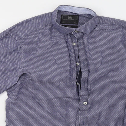 Mens UK Size 14 Marks and Spencer Blue  Button-Up Long Sleeve Casual Shirt