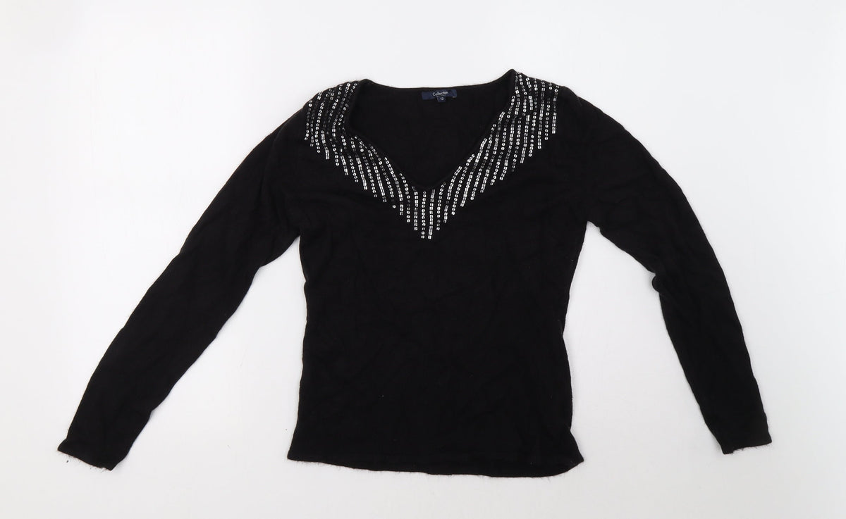 Additional front view of Debenhams women’s black pullover sweatshirt, size UK 12