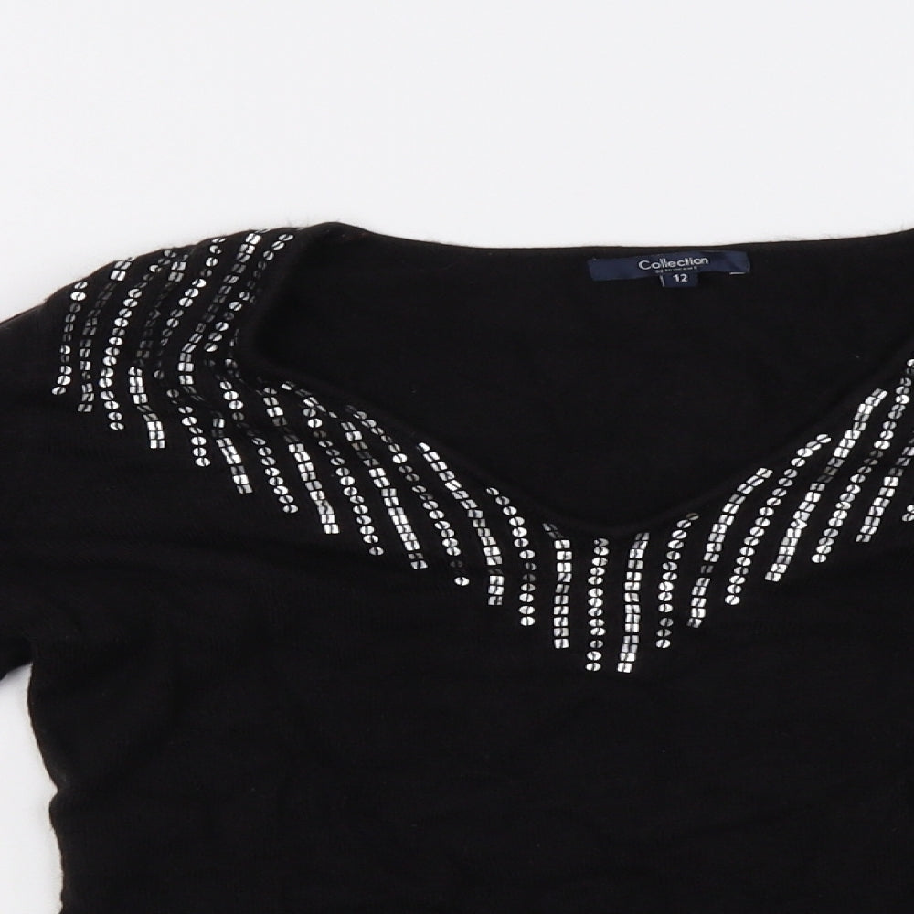 Close-up detail of Debenhams women’s black pullover sweatshirt, size UK 12