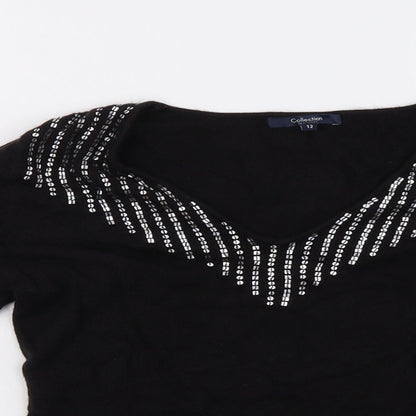 Close-up detail of Debenhams women’s black pullover sweatshirt, size UK 12